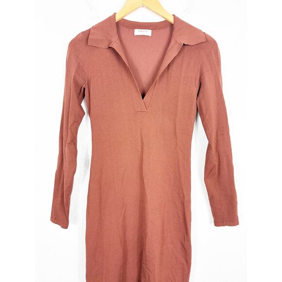 Aritzia Babaton Fame Polo Dress Small Rich Copper Ribbed Long Sleeves Stretch - Picture 8 of 13